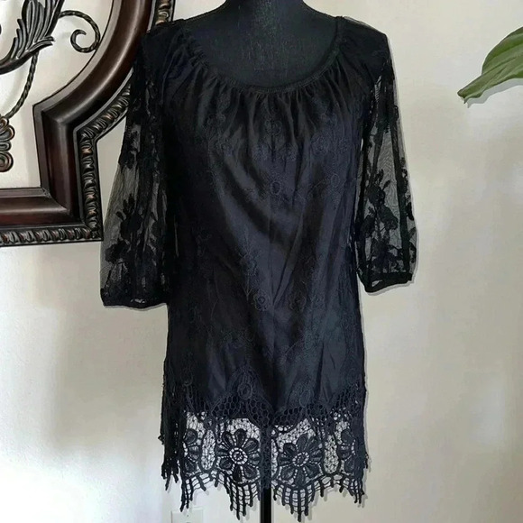 HALO Women’s Black Lace Fringe Sheer Floral Lined Boho 3/4 Sleeve Top Medium - Picture 11 of 16